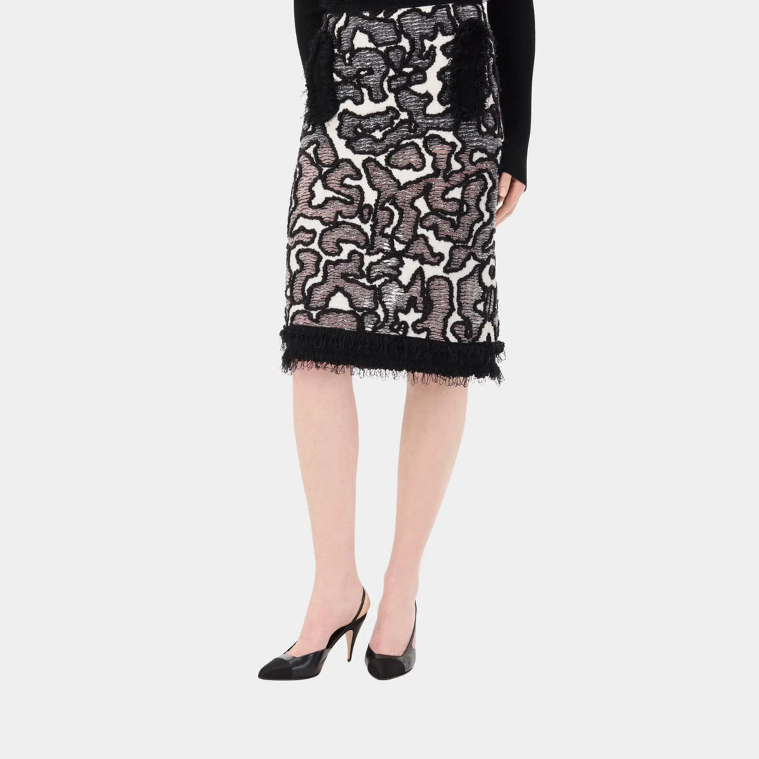Chanel Midi Skirt Silk &amp; Cotton in Black &amp; White, Front