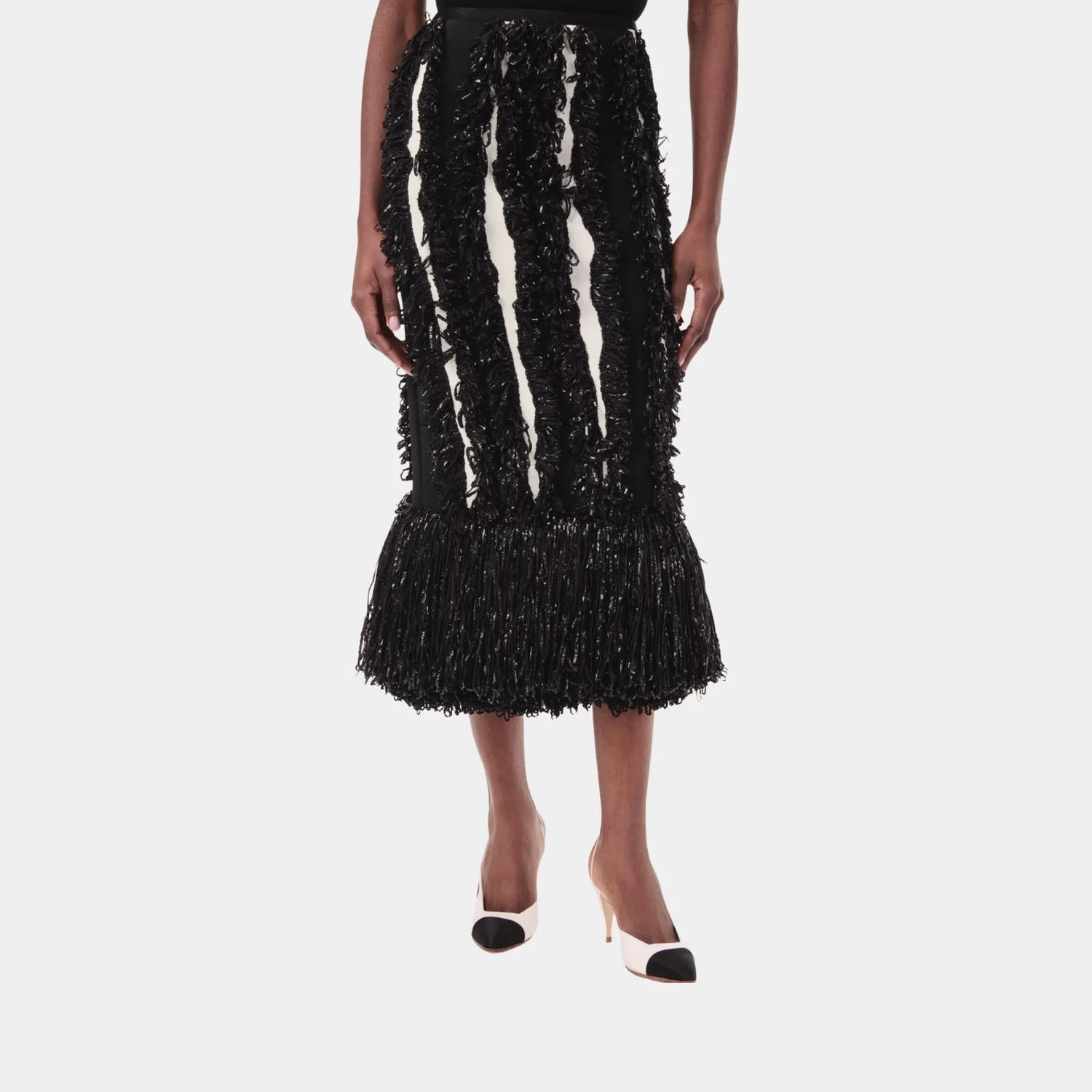 Chanel Midi Skirt Silk &amp; Mixed Fibres in Black &amp; White, Front