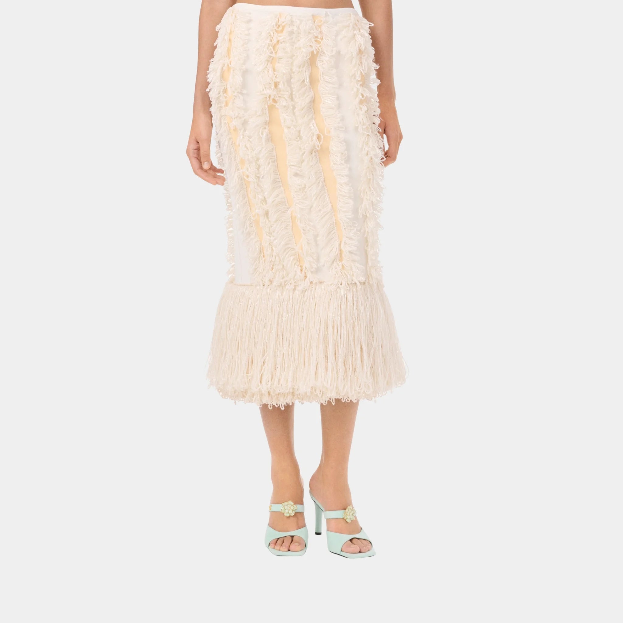 Chanel Midi Skirt Silk &amp; Mixed Fibres in Ecru &amp; White, Front