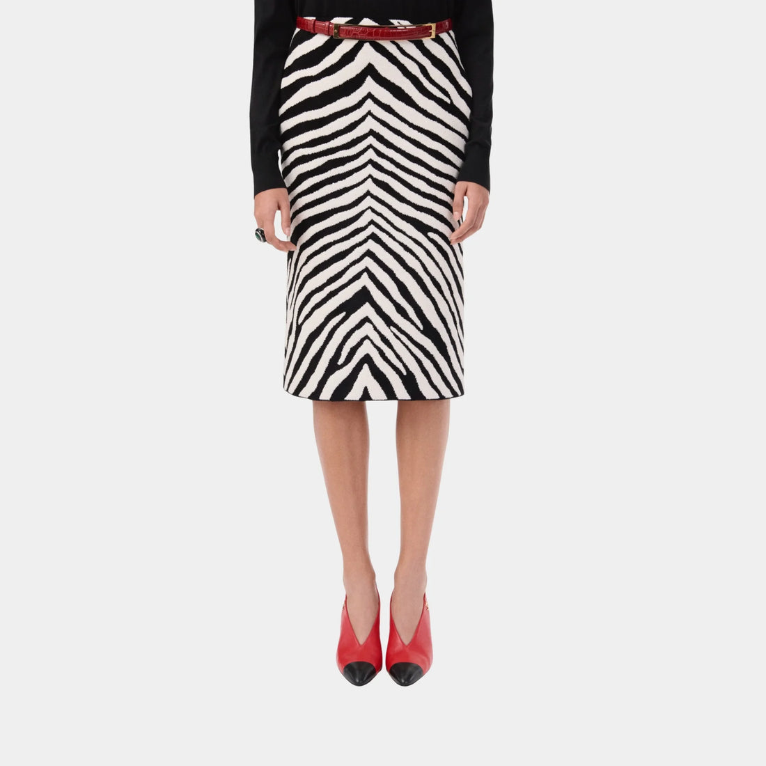 Chanel Midi Skirt Silk &amp; Mixed Fibres in White &amp; Black, Front