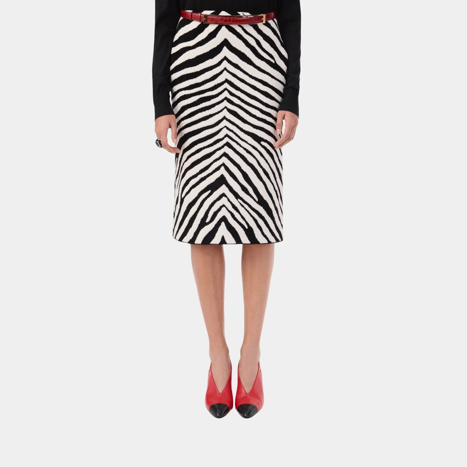 Chanel Midi Skirt Silk &amp; Mixed Fibres in White &amp; Black, Front