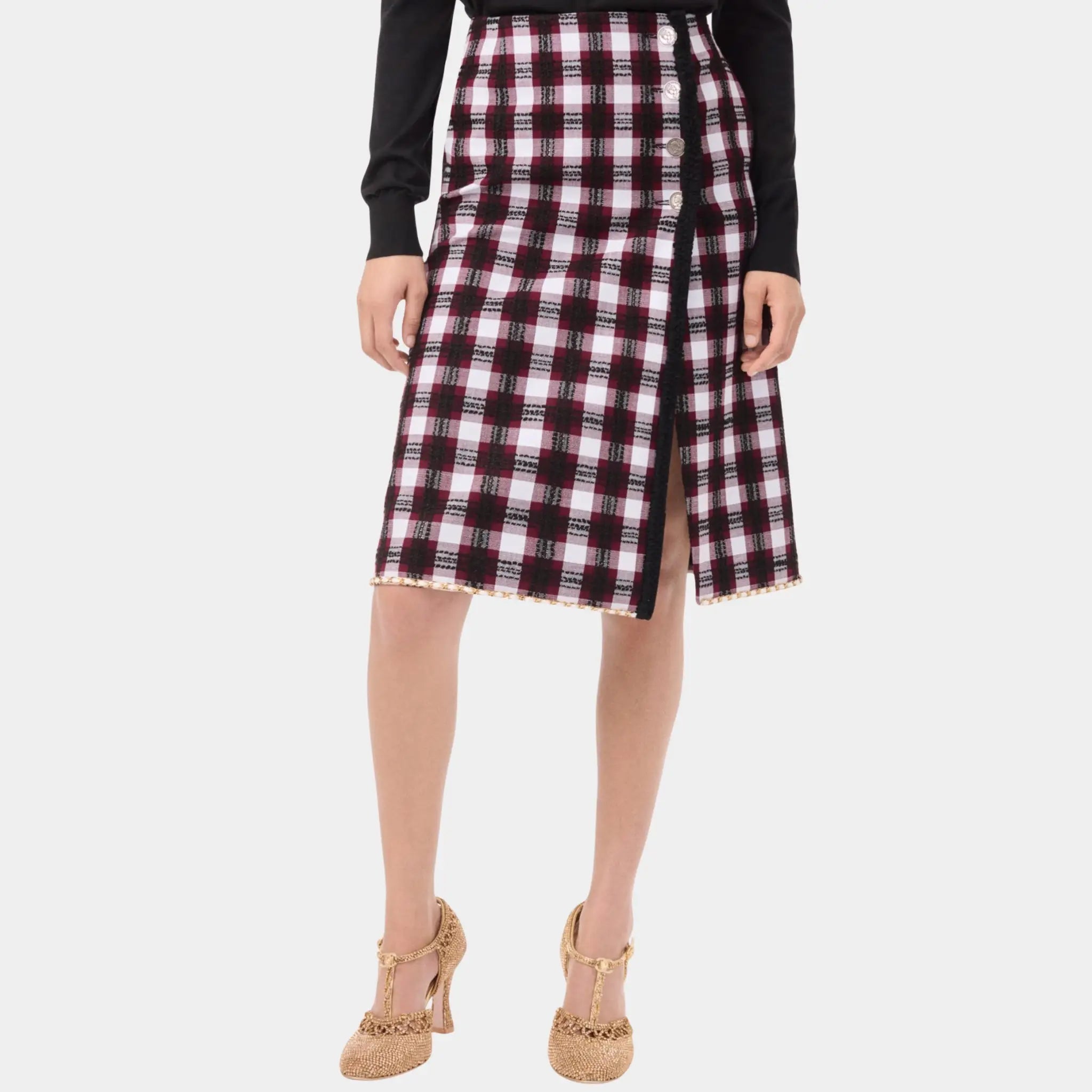 Chanel Midi Skirt Tweed in Burgundy &amp; White Black, Front