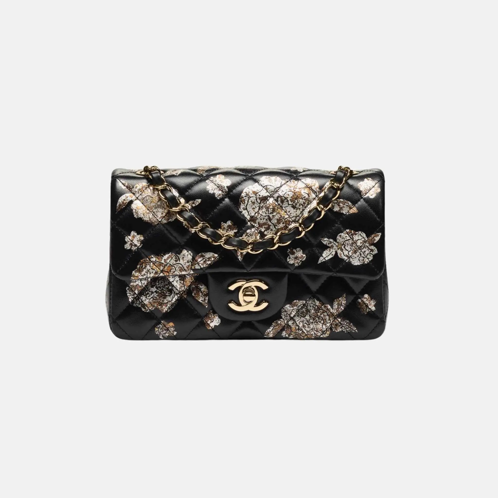 Chanel Mini Classic Handbag Printed Lambskin Gold Metal in Black 
