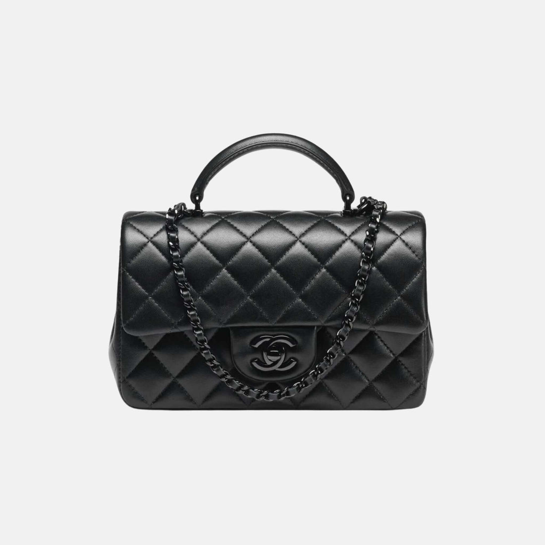 Chanel Mini Classic Handbag With Top Handle In Lambskin, Black, Front