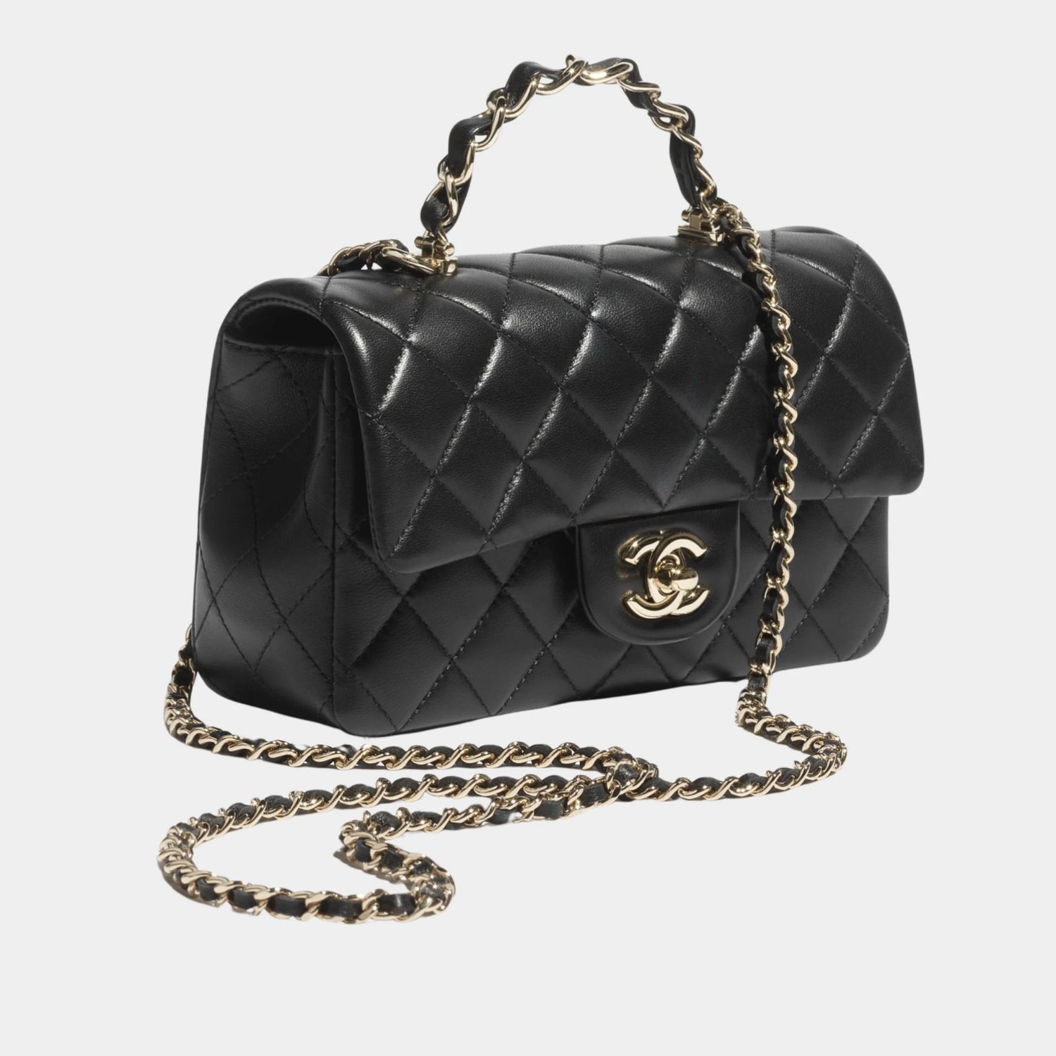 Mini Classic Handbag With Top Handle Lambskin, Black , Side