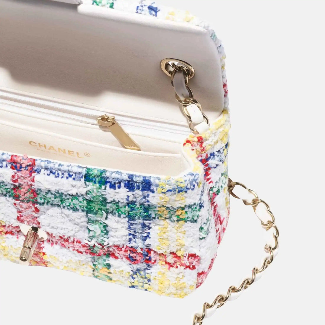Chanel Mini Classic Multicolour Handbag In Tweed And Gold Metal, Inside