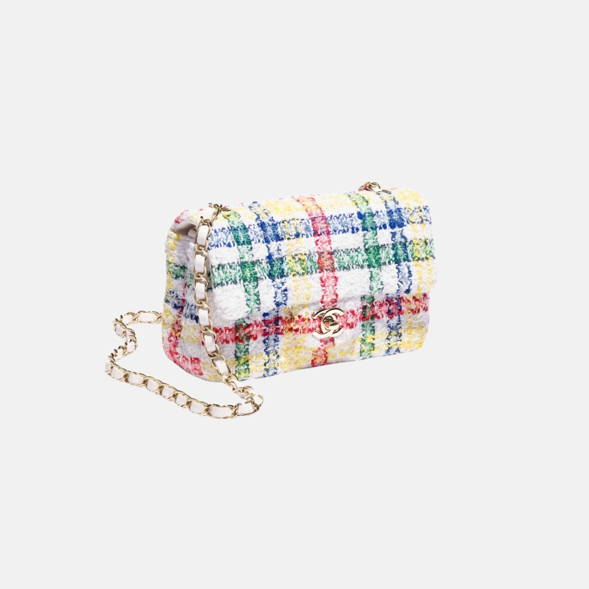 Chanel Mini Classic Multicolour Handbag In Tweed And Gold Metal, Side