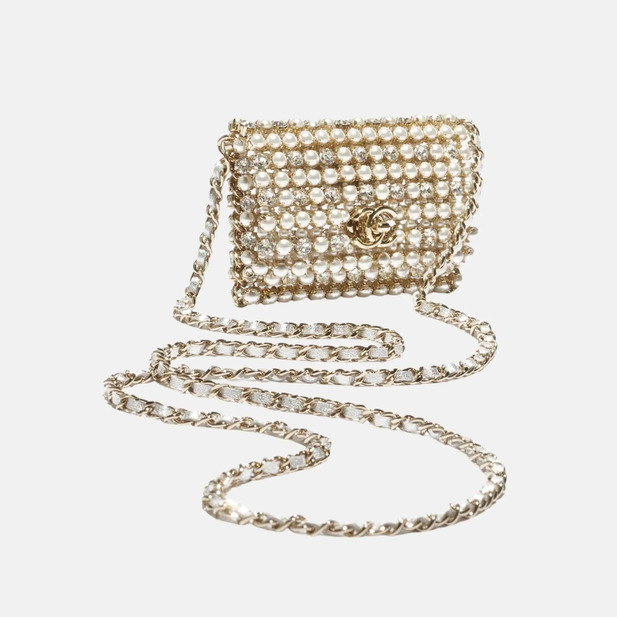 Mini Evening Bag Diamante Pearls Gold Tone Metal in Crystal