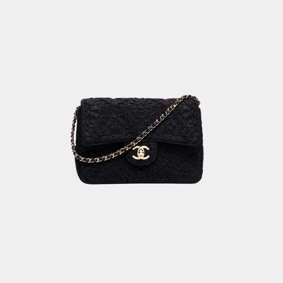 Mini Flap Bag Crochet-Effect Weaving & Gold Tone Metal Black