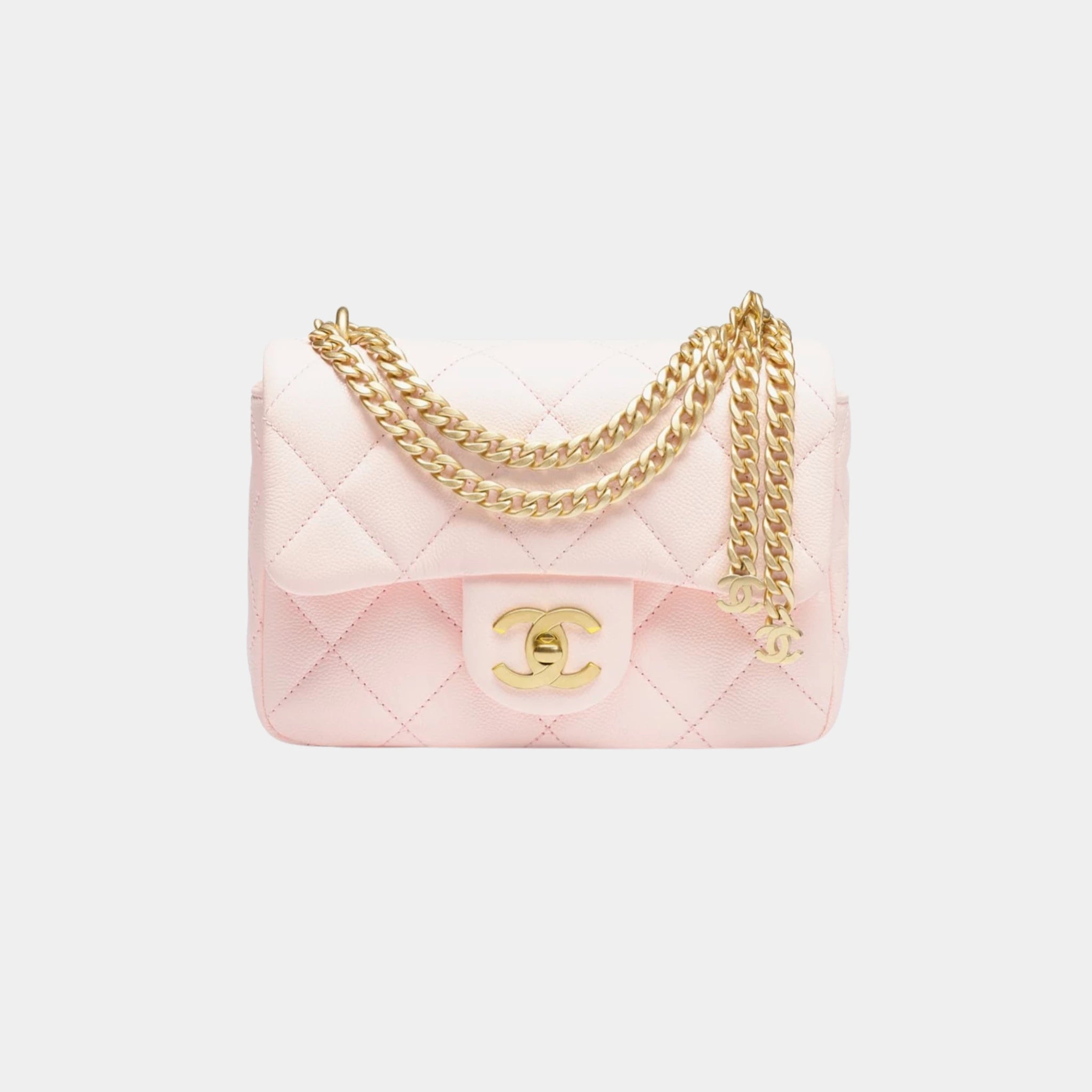 Chanel Mini Flap Bag in Grained Shiny Calfskin &amp; Gold-Tone Metal, Light Pink, Front