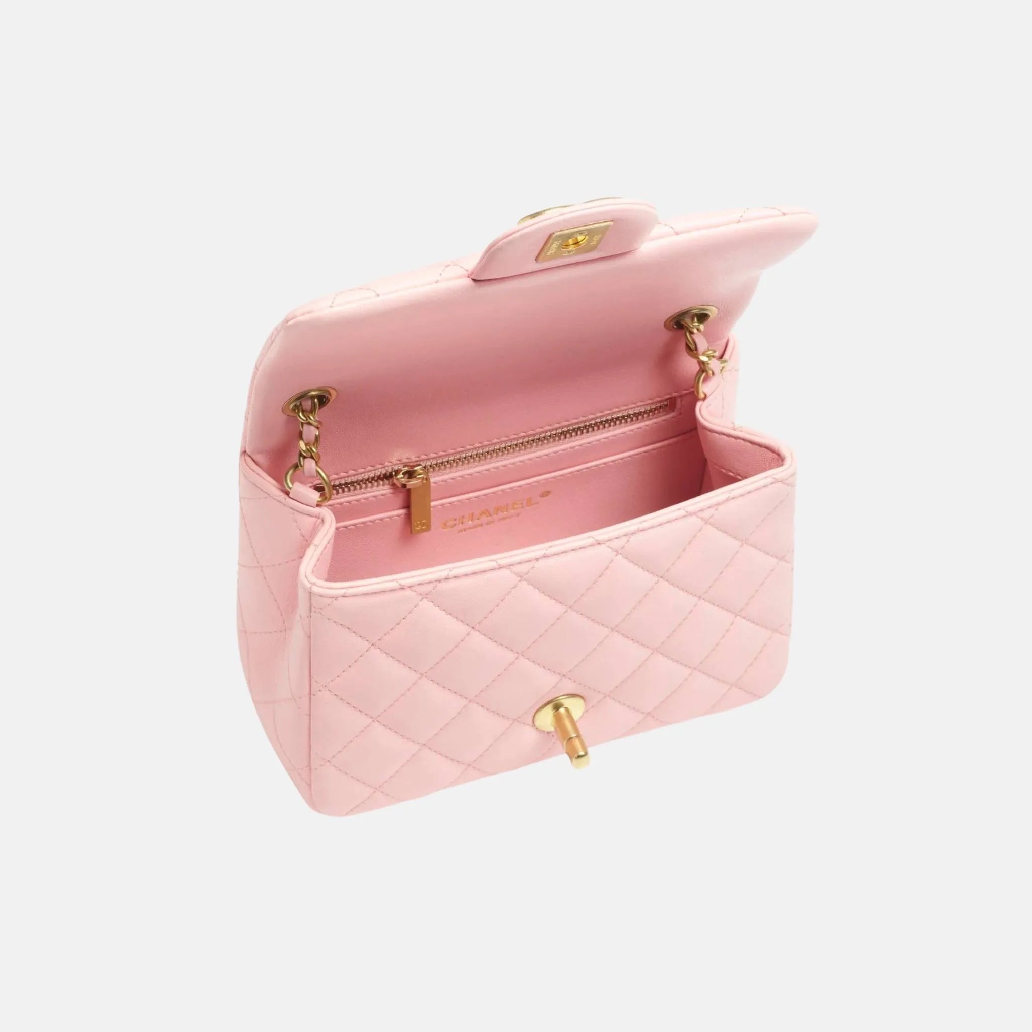 Chanel Mini Flap Bag in Shiny Lambskin and Gold Metal, Inside
