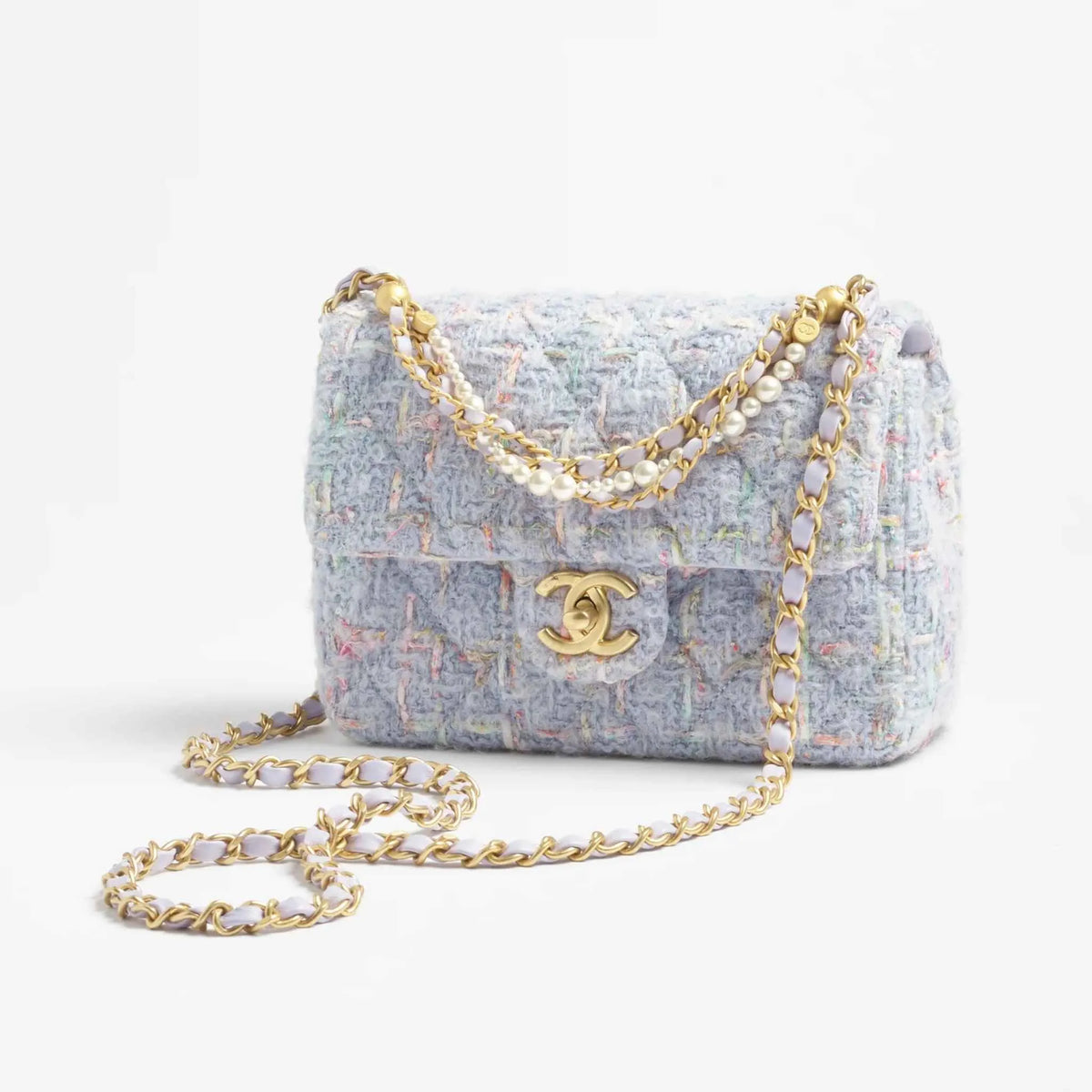 Mini Flap Bag in Wool Tweed with Imitation Pearls