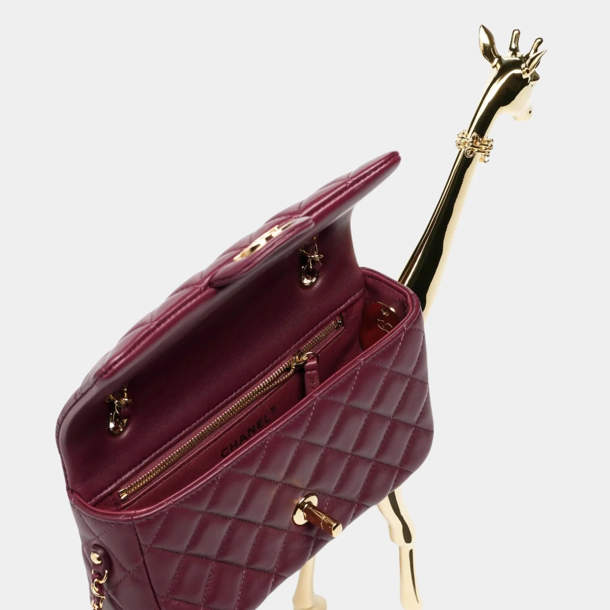 Chanel Mini Flap Bag in Lambskin with Gold Metal Giraffe Motif, Top