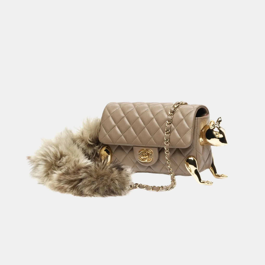 Chanel Mini Flap Bag in Lambskin with Metal & Shearling Squirrel Motif, Side