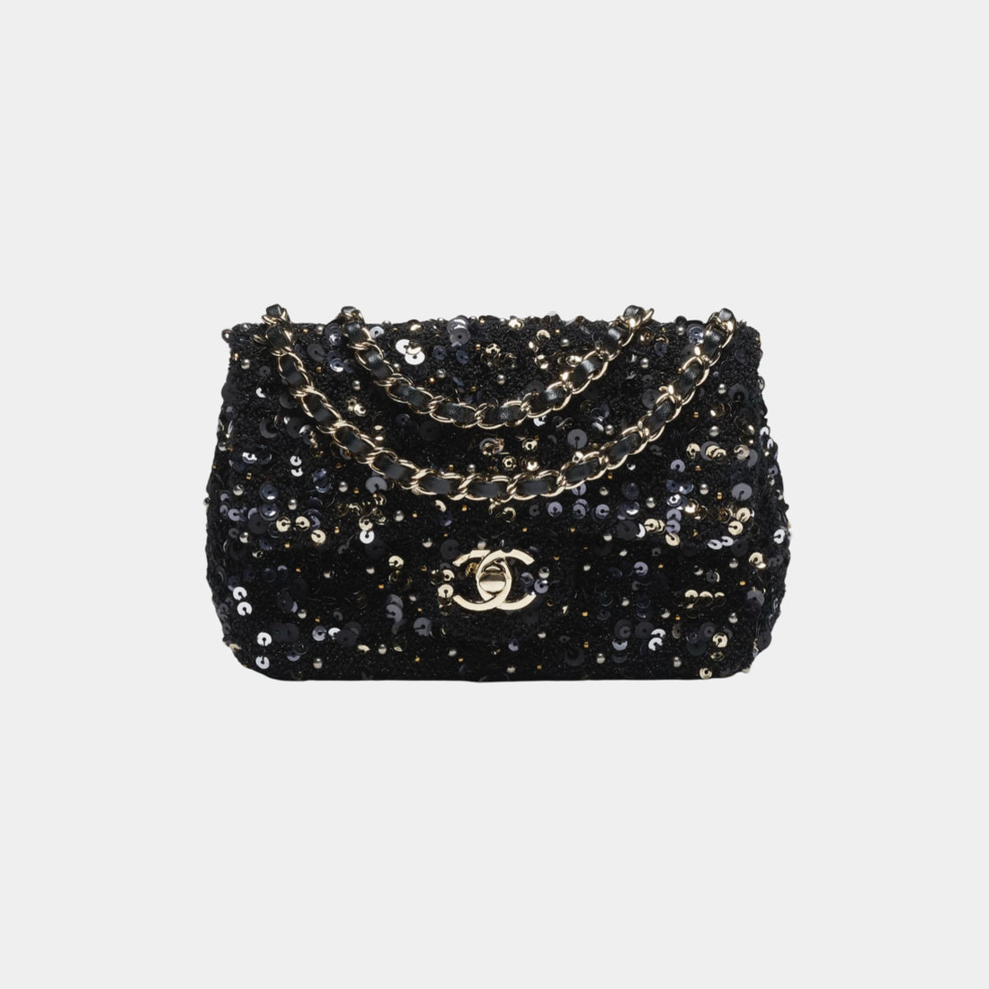 Chanel Mini Flap Bag in Sequins & Imitation Pearls, Black, Front