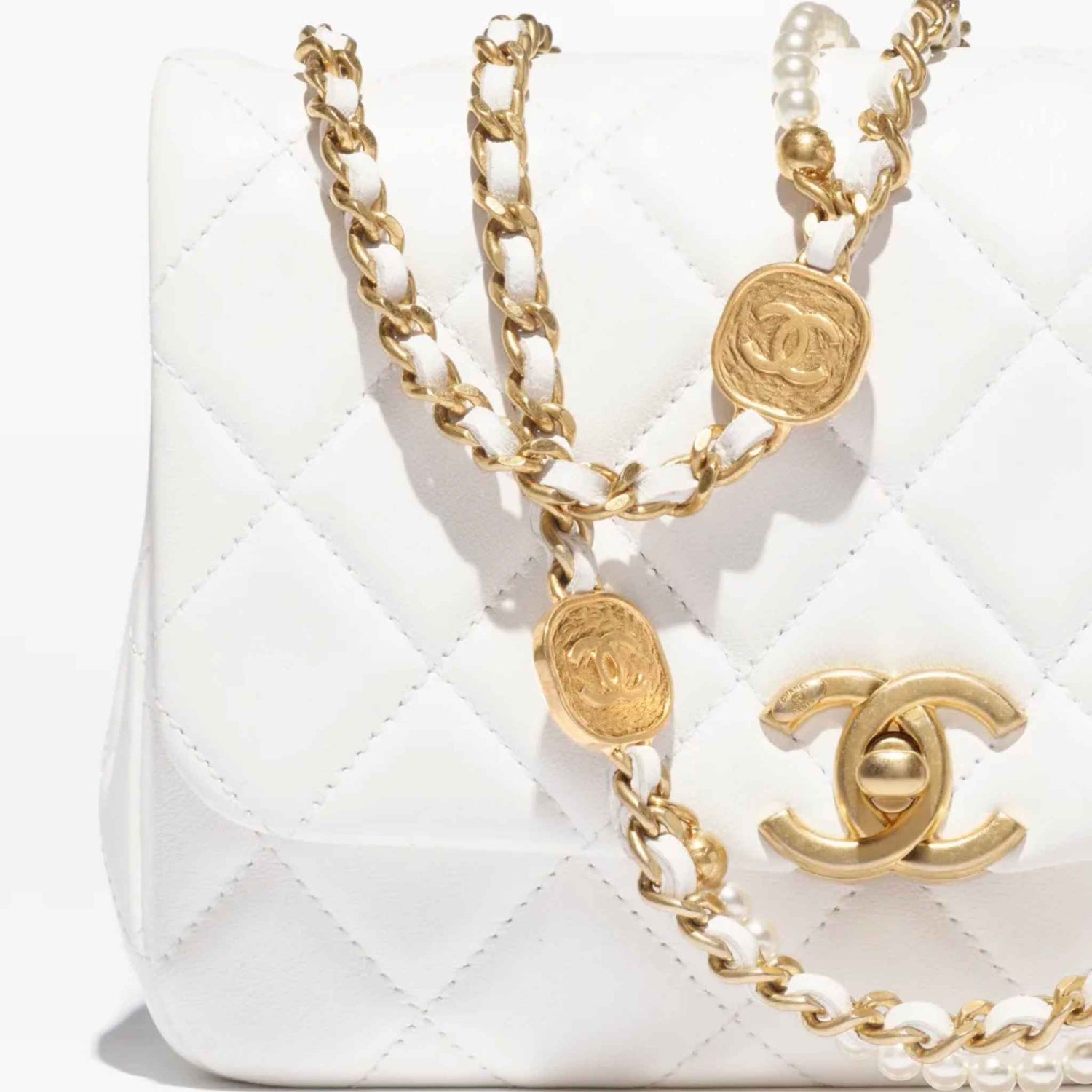 Chanel Mini Flap Bag Shiny Lambskin Pearls &amp; Gold-Tone Metal White, Logo