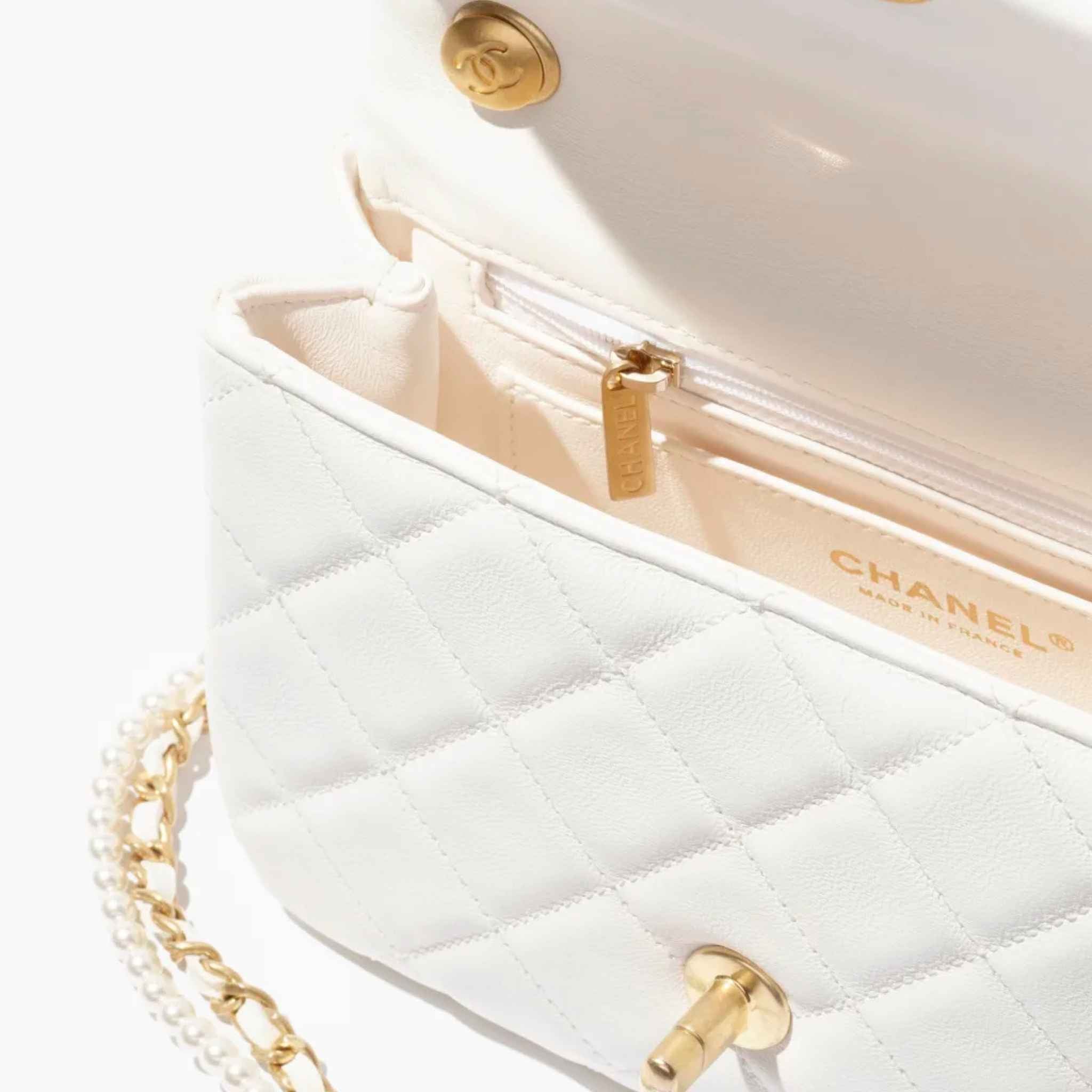 Chanel Mini Flap Bag Shiny Lambskin Pearls &amp; Gold-Tone Metal White, Open