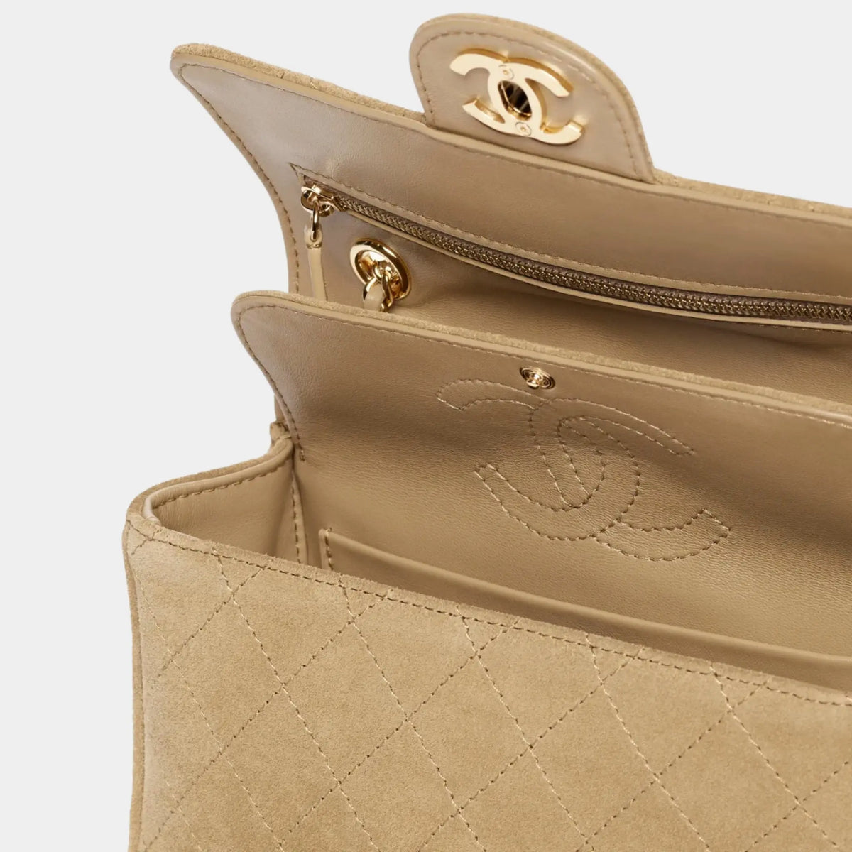 Mini Flap Bag Suede calfskin &amp; gold-tone metal Dark beige