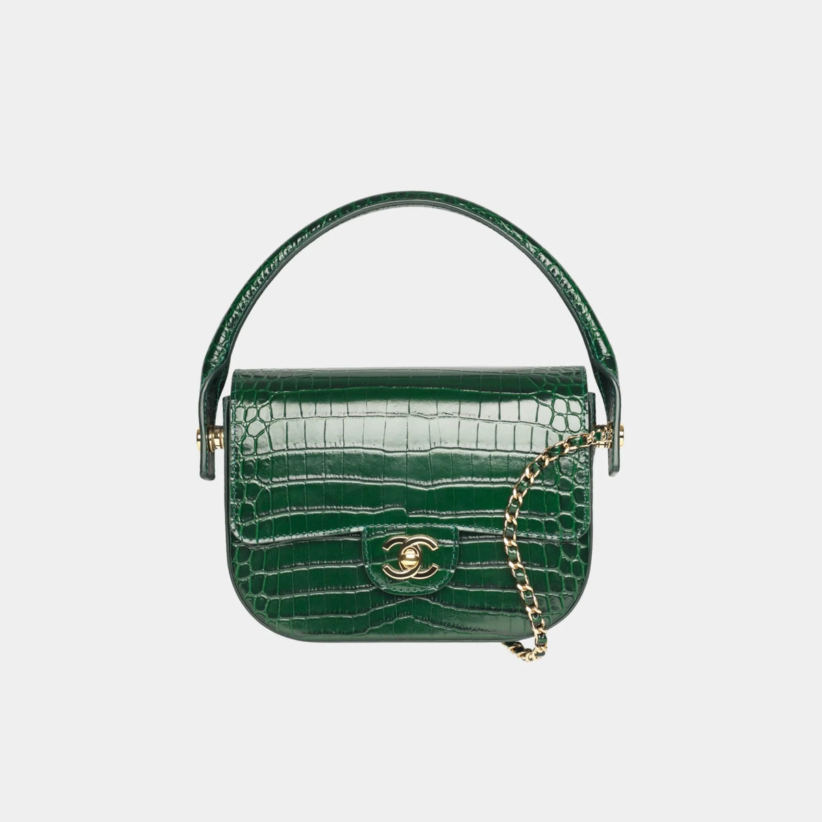 Mini Flap Bag with Top Handle Crocodile Embossed Calfskin