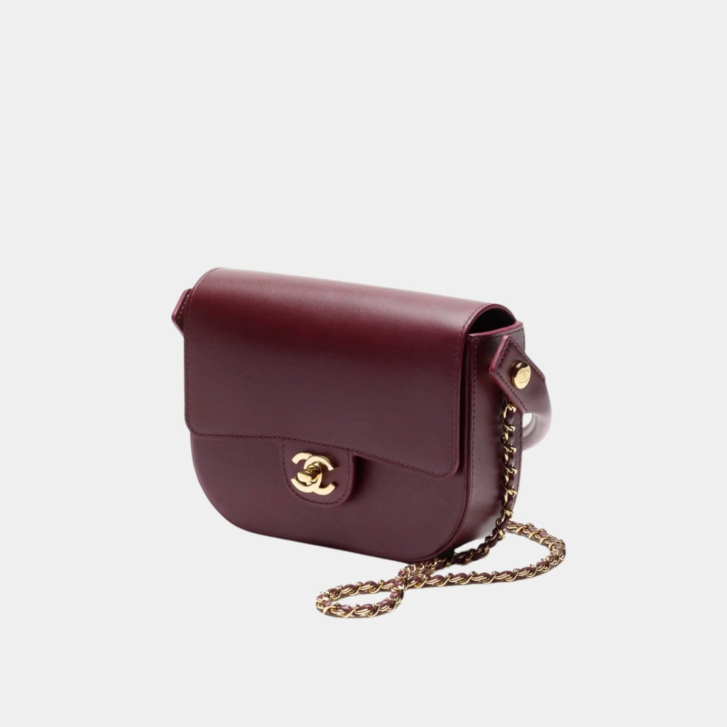 Chanel Mini Flap Bag with Top Handle in Dark Burgundy Shiny Calfskin, Front Side
