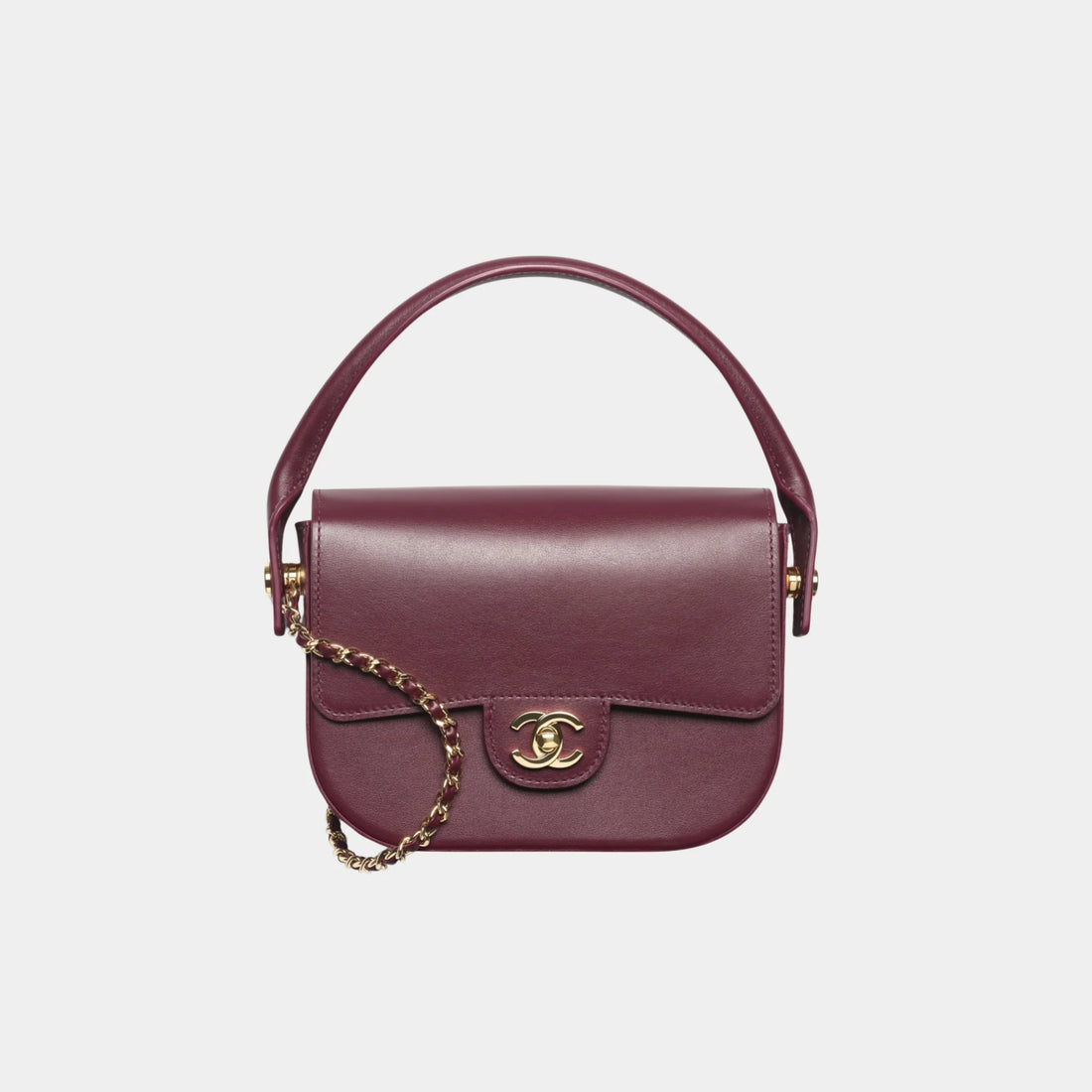 Chanel Mini Flap Bag with Top Handle in Dark Burgundy Shiny Calfskin, Front
