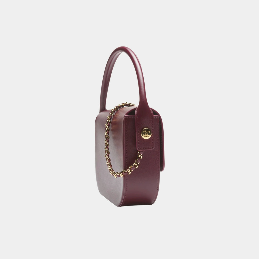 Chanel Mini Flap Bag with Top Handle in Dark Burgundy Shiny Calfskin, Side