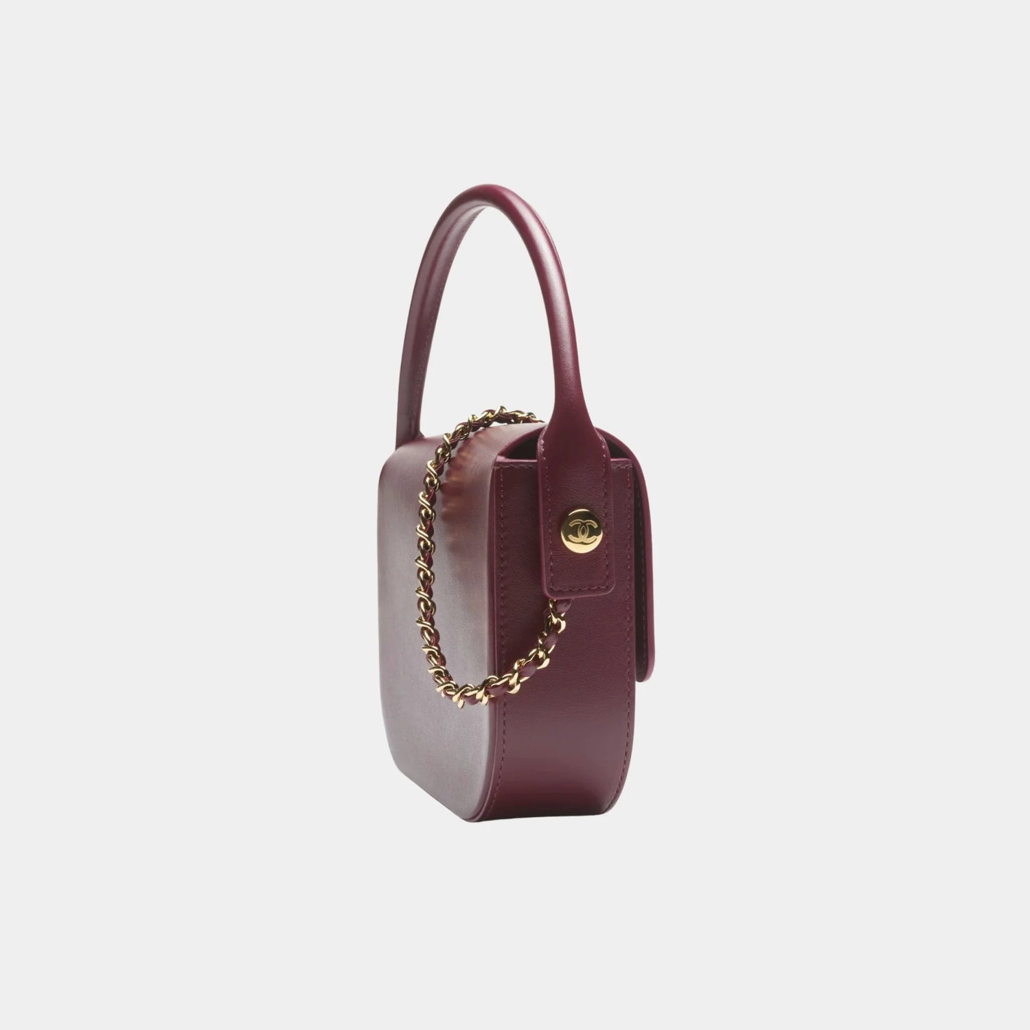 Chanel Mini Flap Bag with Top Handle in Dark Burgundy Shiny Calfskin, Side
