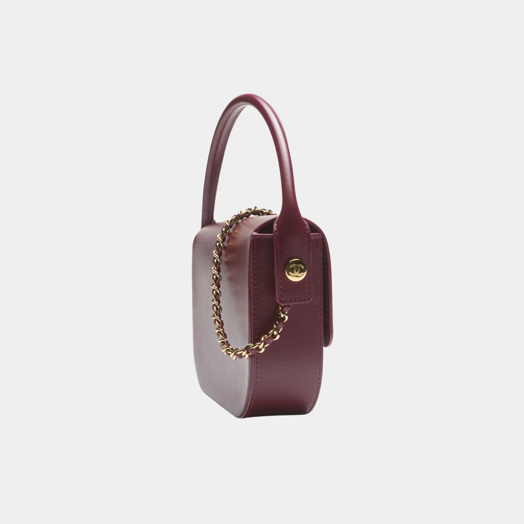 Chanel Mini Flap Bag with Top Handle in Dark Burgundy Shiny Calfskin, Side
