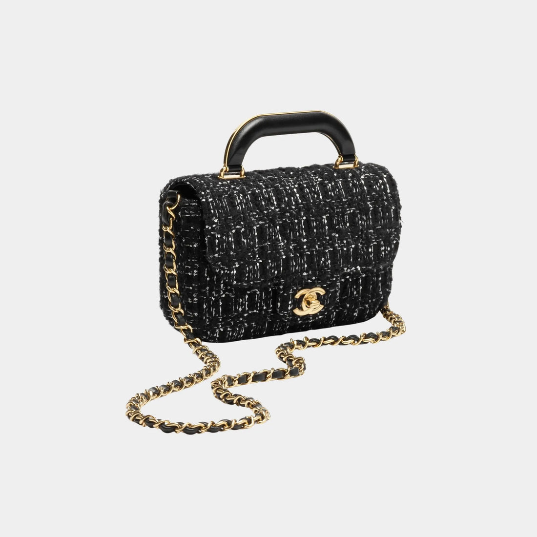 Chanel Mini flap Bag With Handle Cashmere Tweed & Gold Metal Black & White, Front