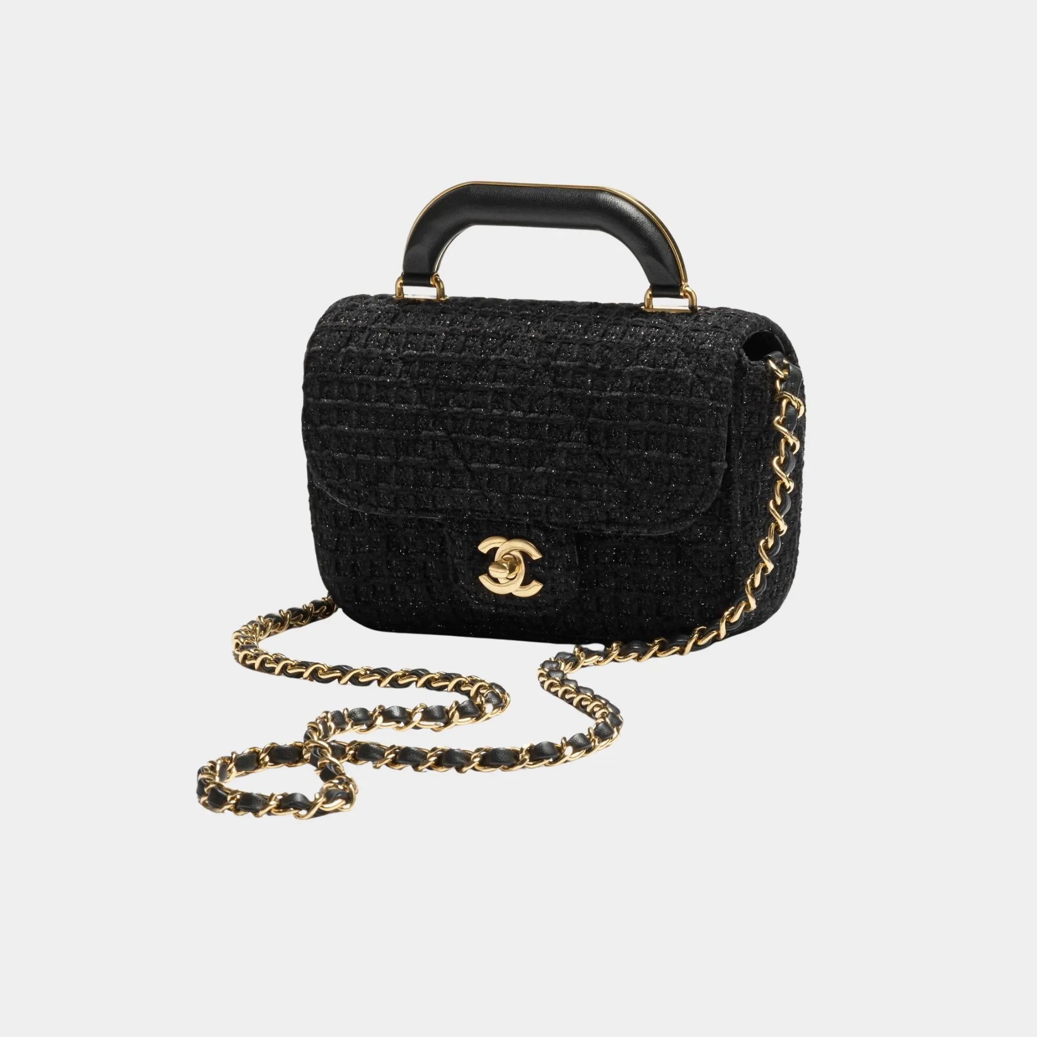 Chanel Mini Flap Bag With Handle Cotton Tweed Gold metal Black, interior, Front