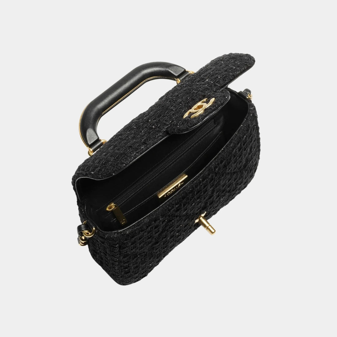 Chanel Mini Flap Bag With Handle Cotton Tweed Gold metal Black, interior