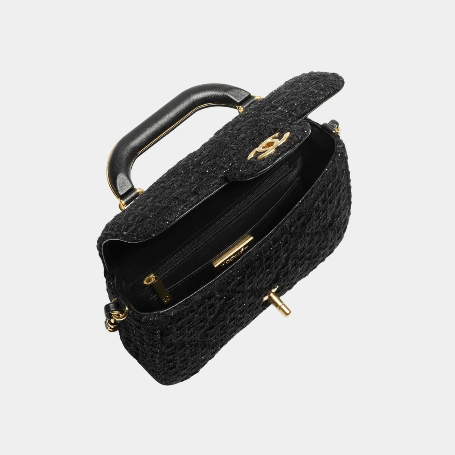 Chanel Mini Flap Bag With Handle Cotton Tweed Gold metal Black, interior