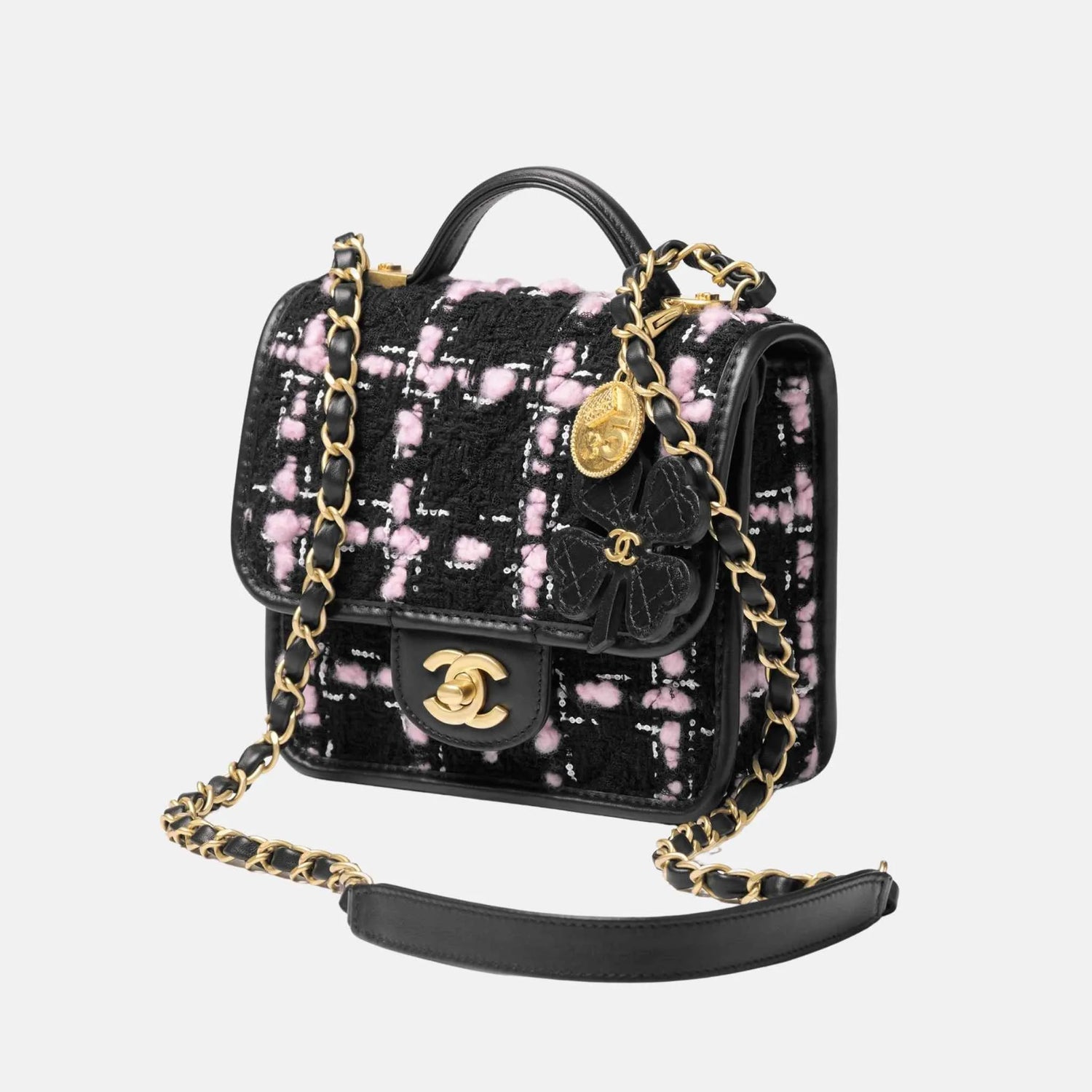 Chanel Mini Flap Bag with Handle in Wool Tweed and Calfskin, Front