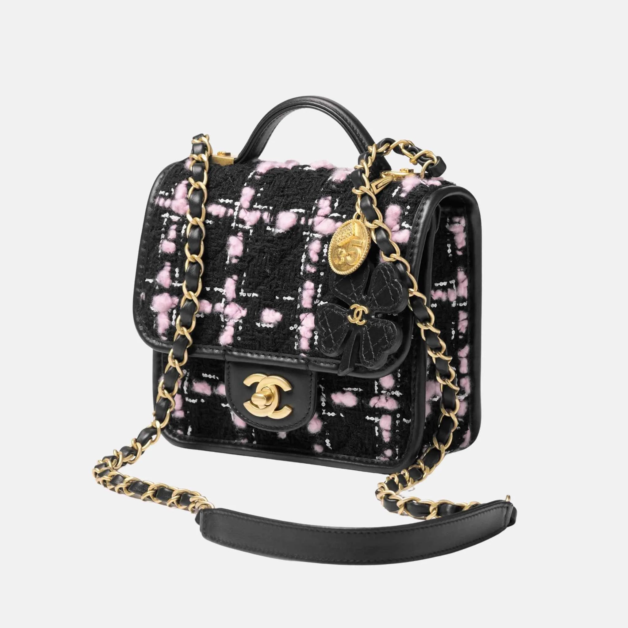 Chanel Mini Flap Bag with Handle in Wool Tweed and Calfskin, Front