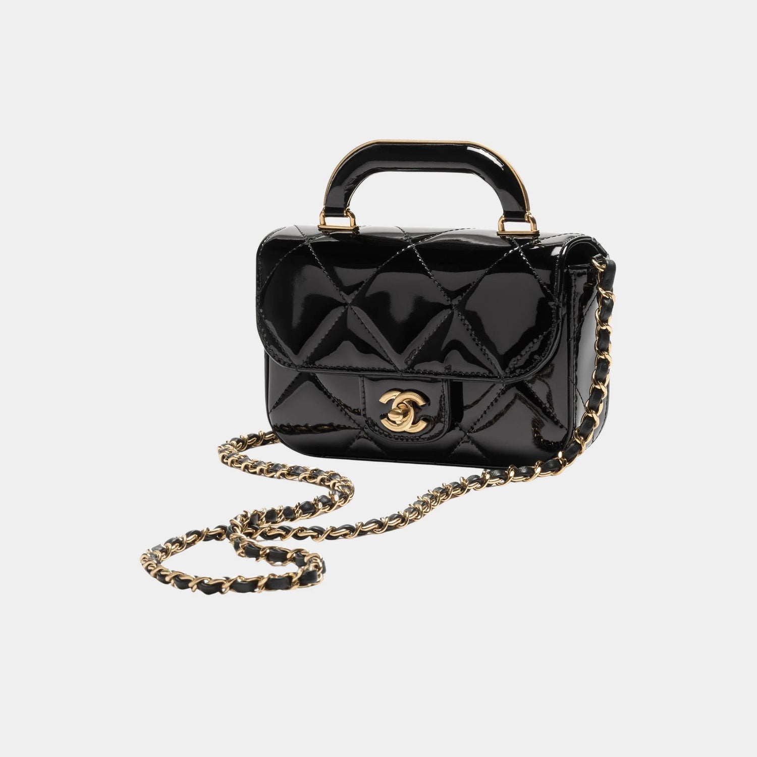 Chanel Mini Flap Bag With Handle Metallic Mirror Calfskin &amp; Gold Metal Black, Front