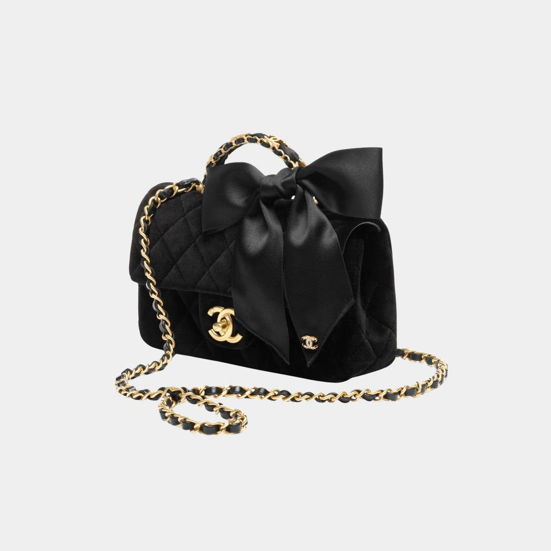 Chanel Mini flap bag With Handle Velvet Silk &amp; Gold Metal Black, front