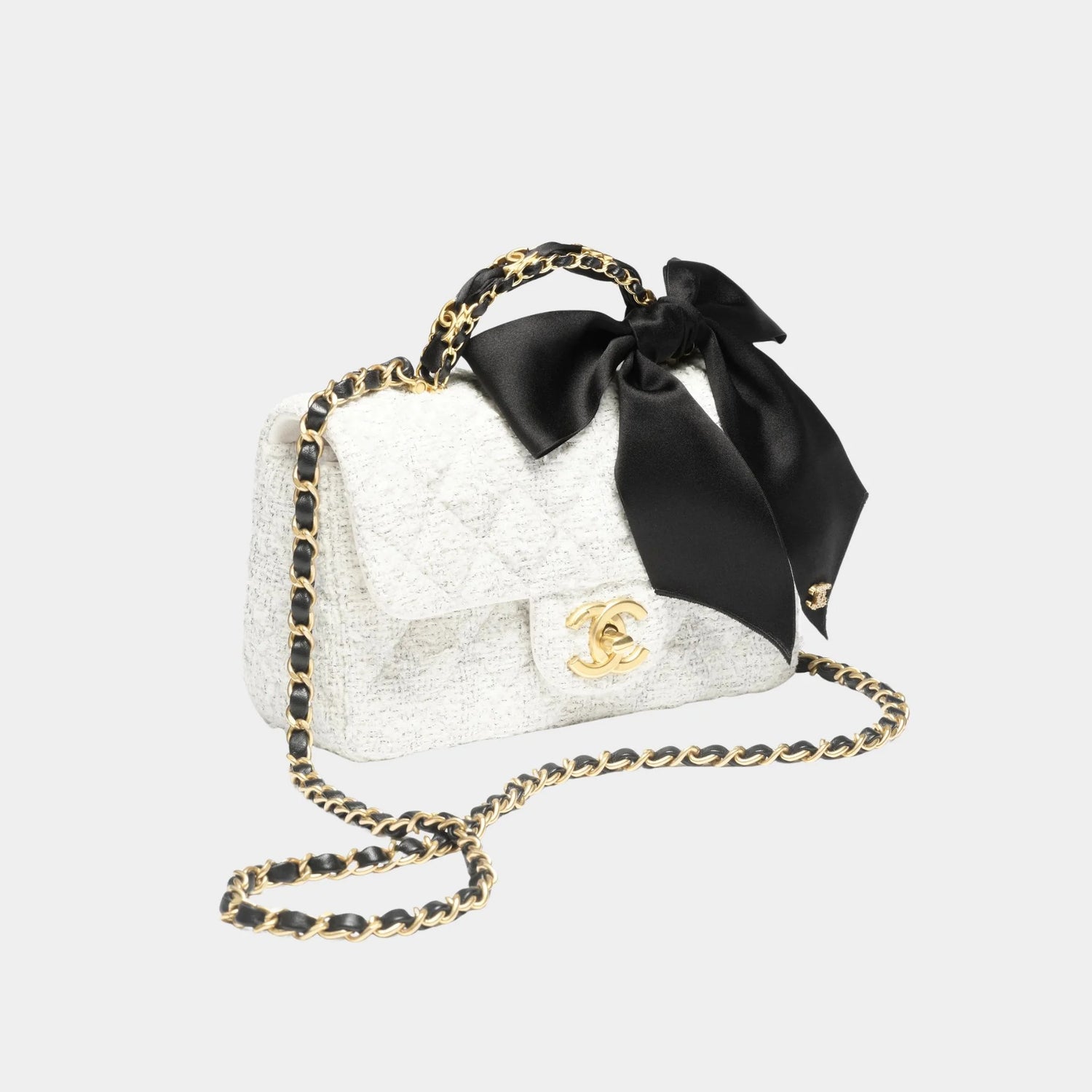 Mini Flap Bag With Handle Silk &amp; Gold Metal Black, Front, White