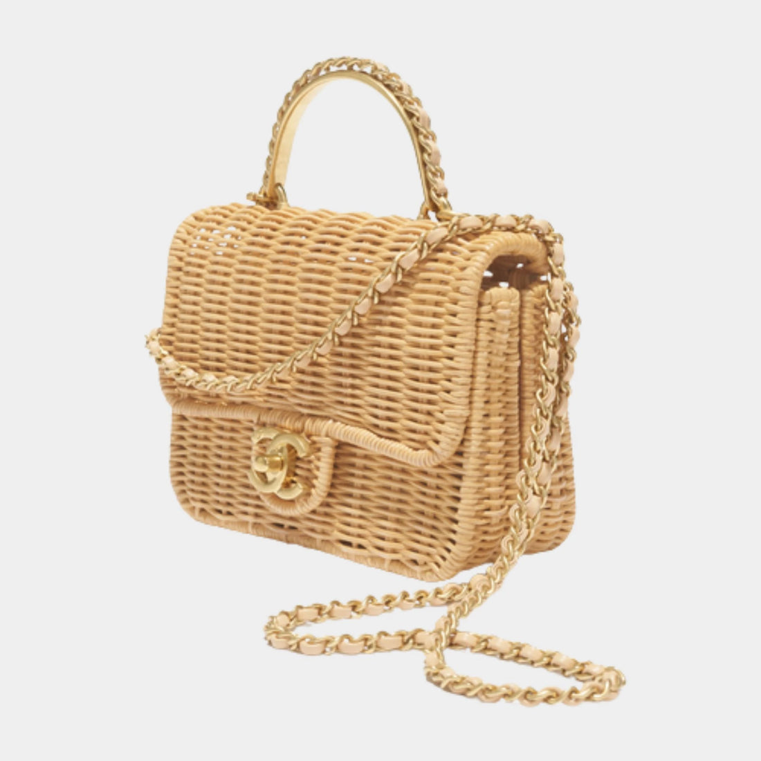 Mini Flap Bag with Top handle Braided Rattan & Gold-Tone Metal