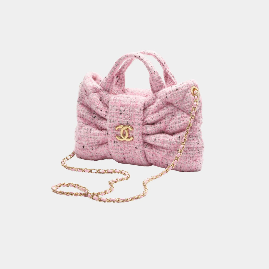Chanel Mini Knot Bag Tweed & Gold Metal Pink Black & White, front