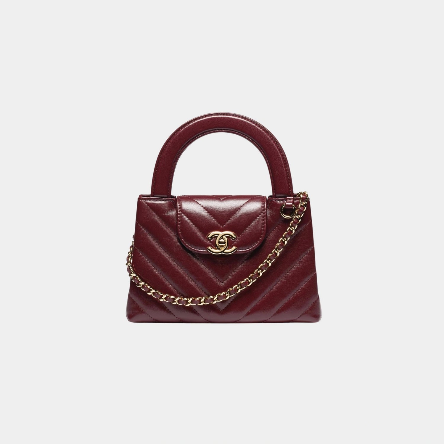 Chanel Mini Tote Bag Shiny Lamb &amp; Gold-Plated Metal , Front , Burgundy