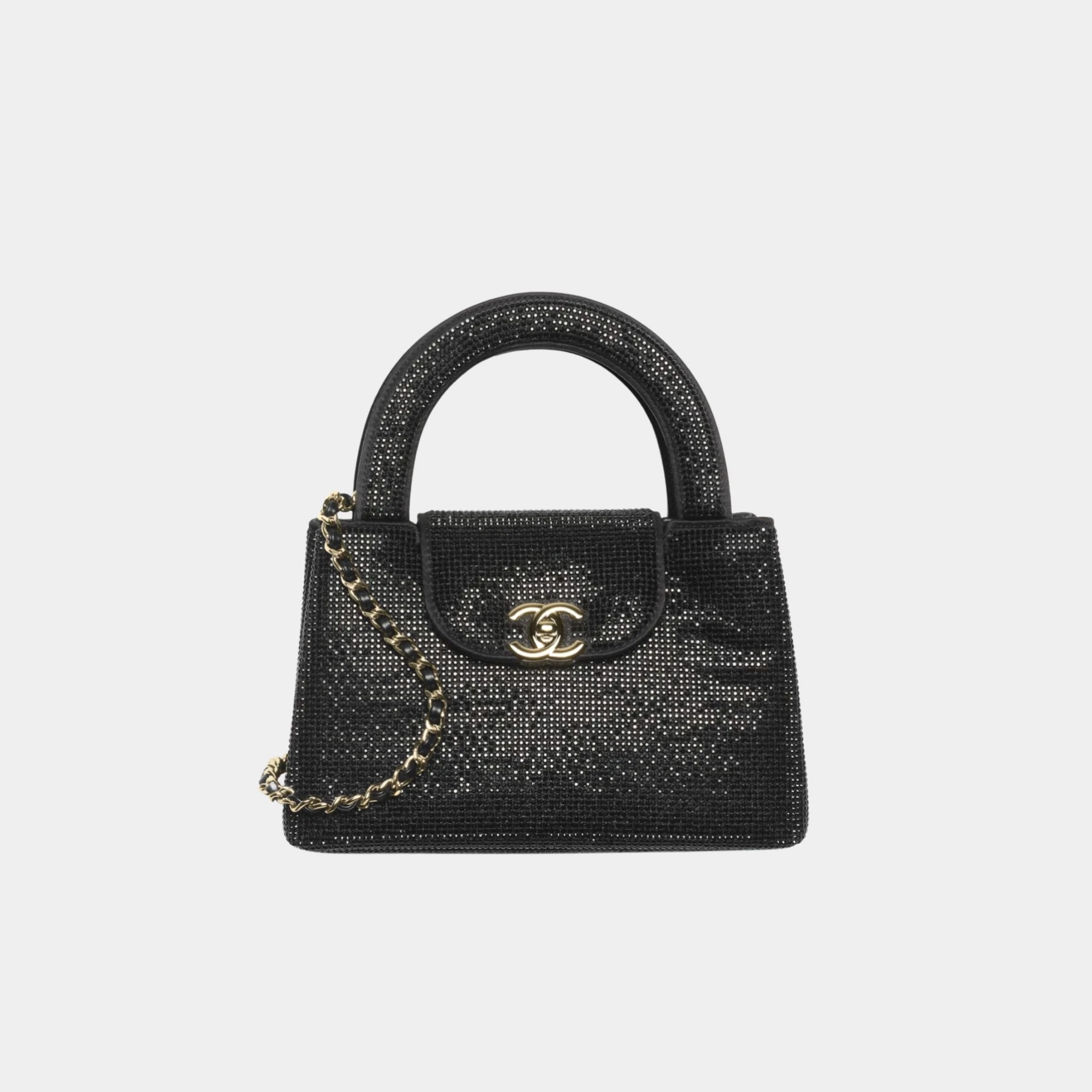 Chanel Mini Tote Strass &amp; Gold-Tone Metal Black Front 