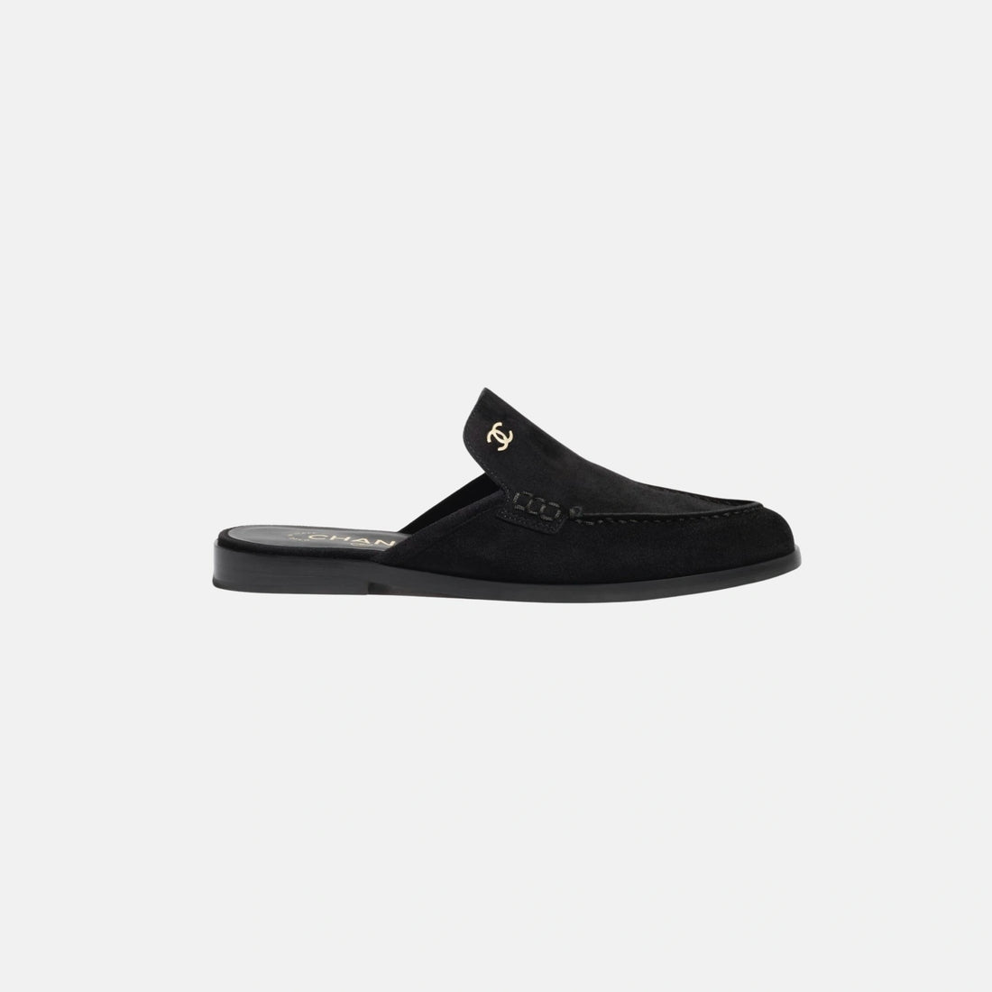 Chanel Mules in Black Calfskin, Suede, Side