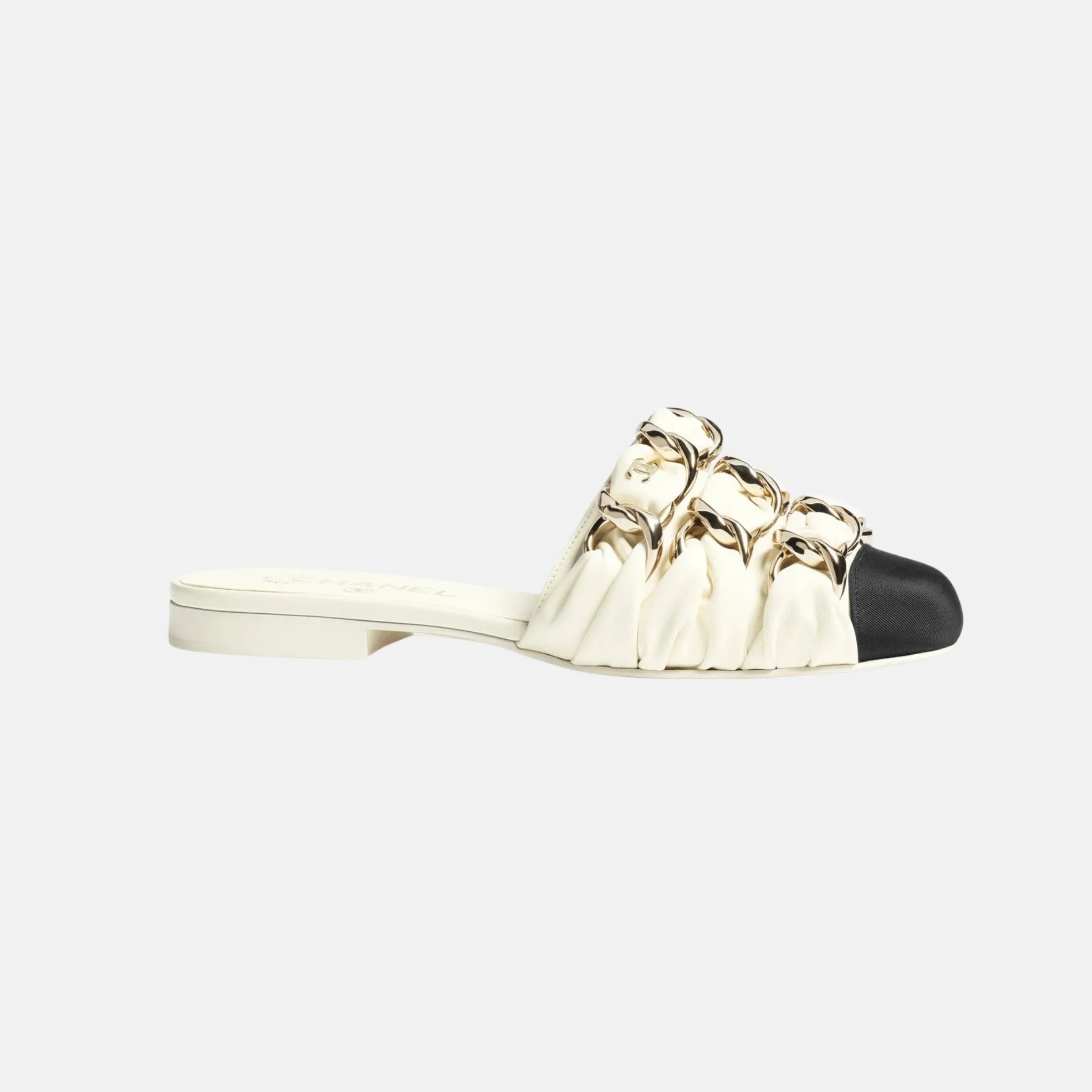Chanel Mules in Lambskin and Grosgrain, Ivory and Black, Side