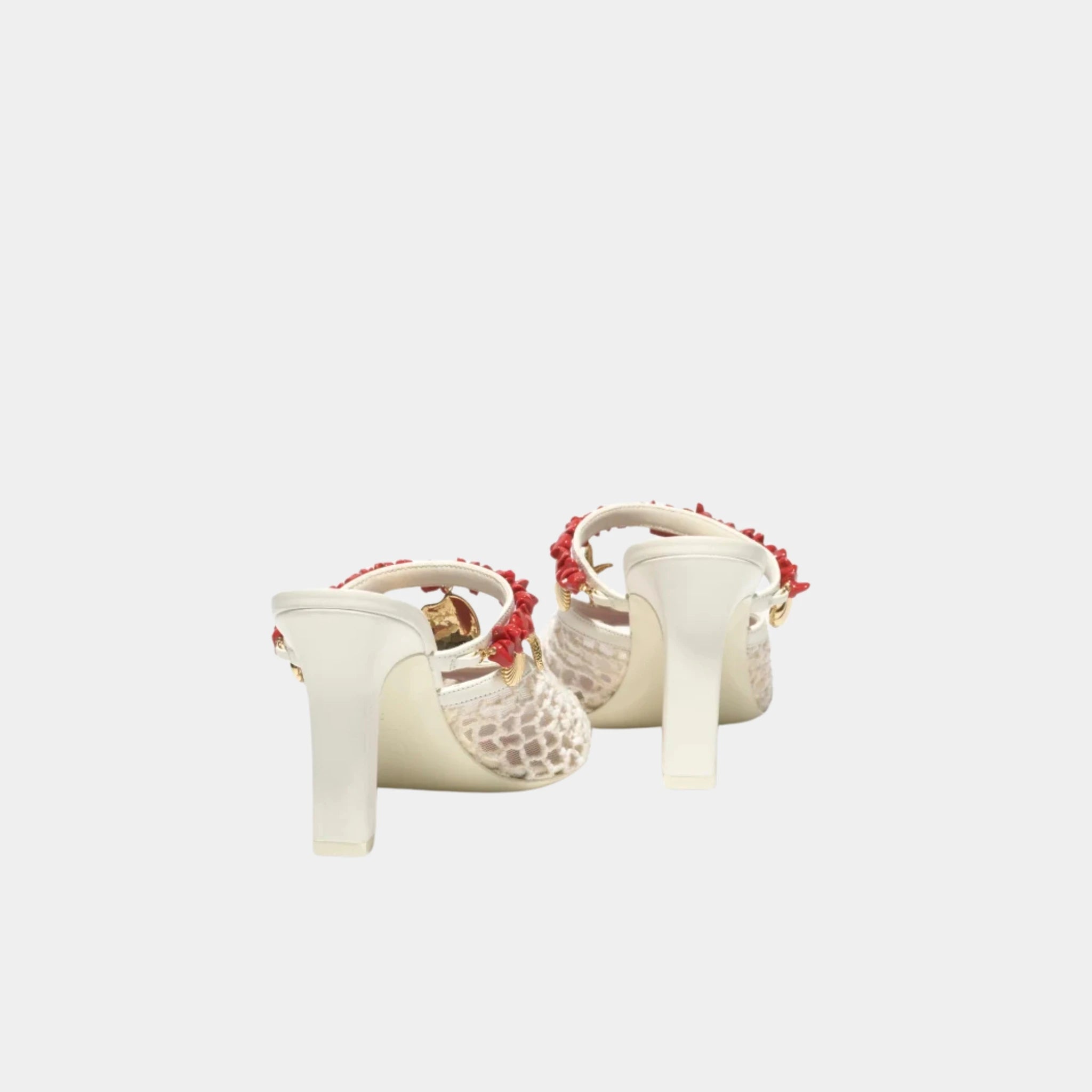Chanel Mules in Mesh Cotton Lambskin Resin &amp; Metal, White, Back