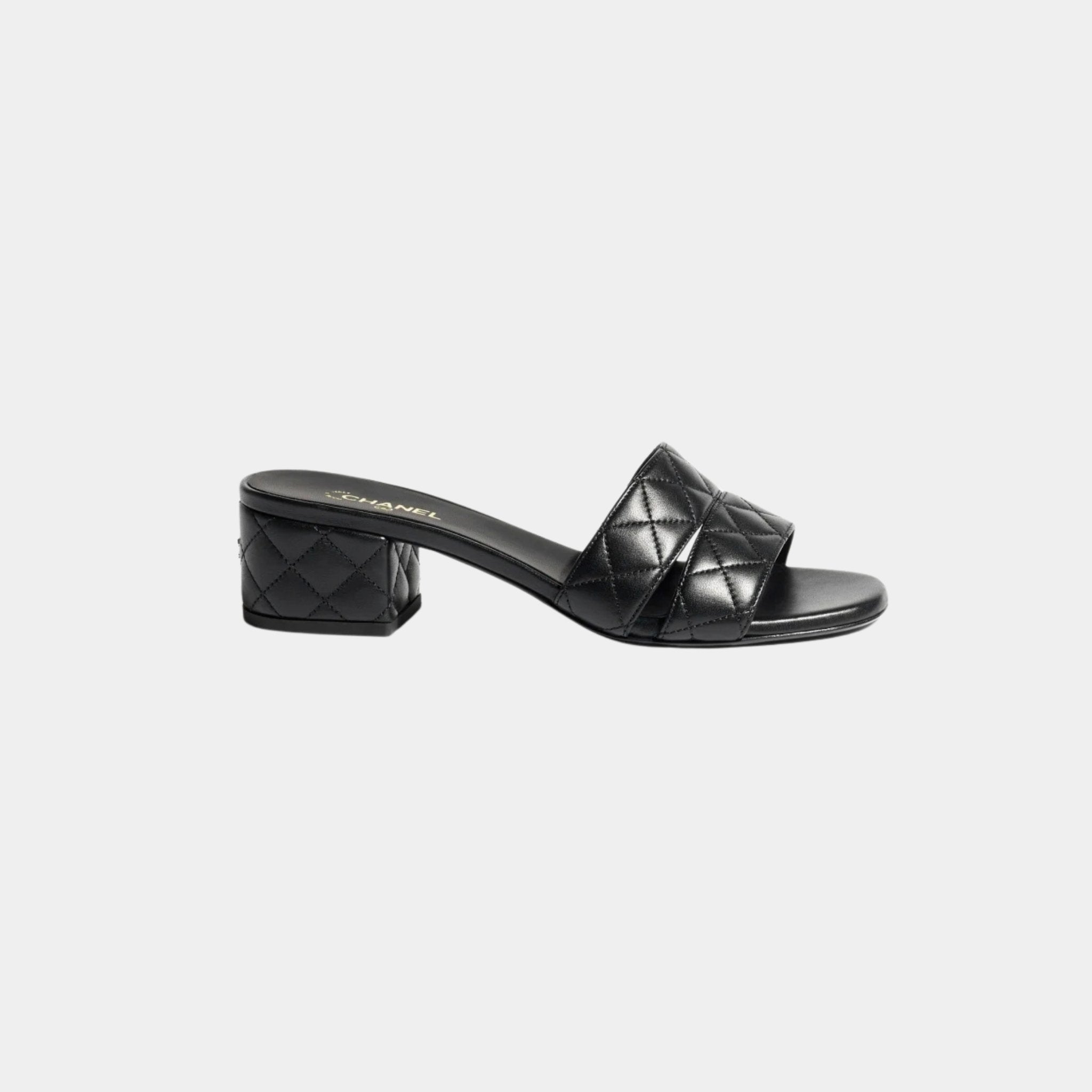 Chanel Mules In Lambskin Heeled, Black, Side