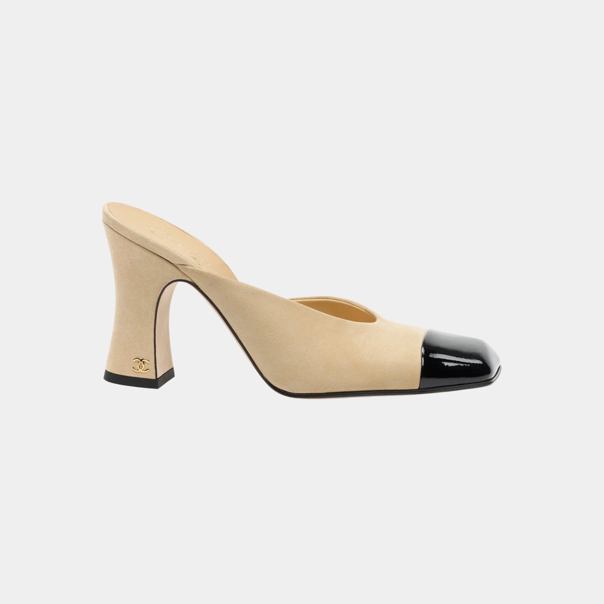 Chanel Mules in Suede Kidskin &amp; Patent Calfskin, Beige, Side