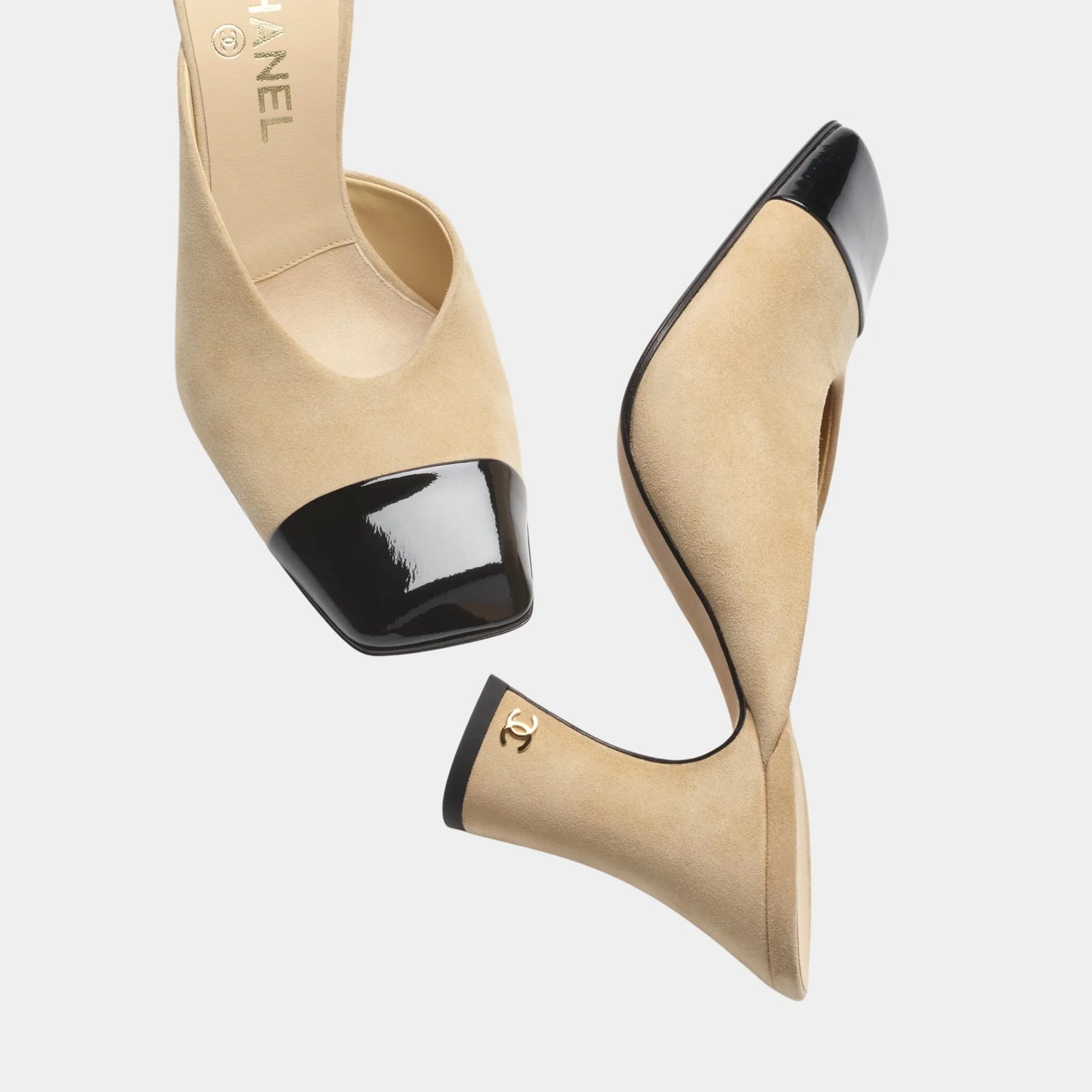 Chanel Mules in Suede Kidskin &amp; Patent Calfskin, Beige, Top