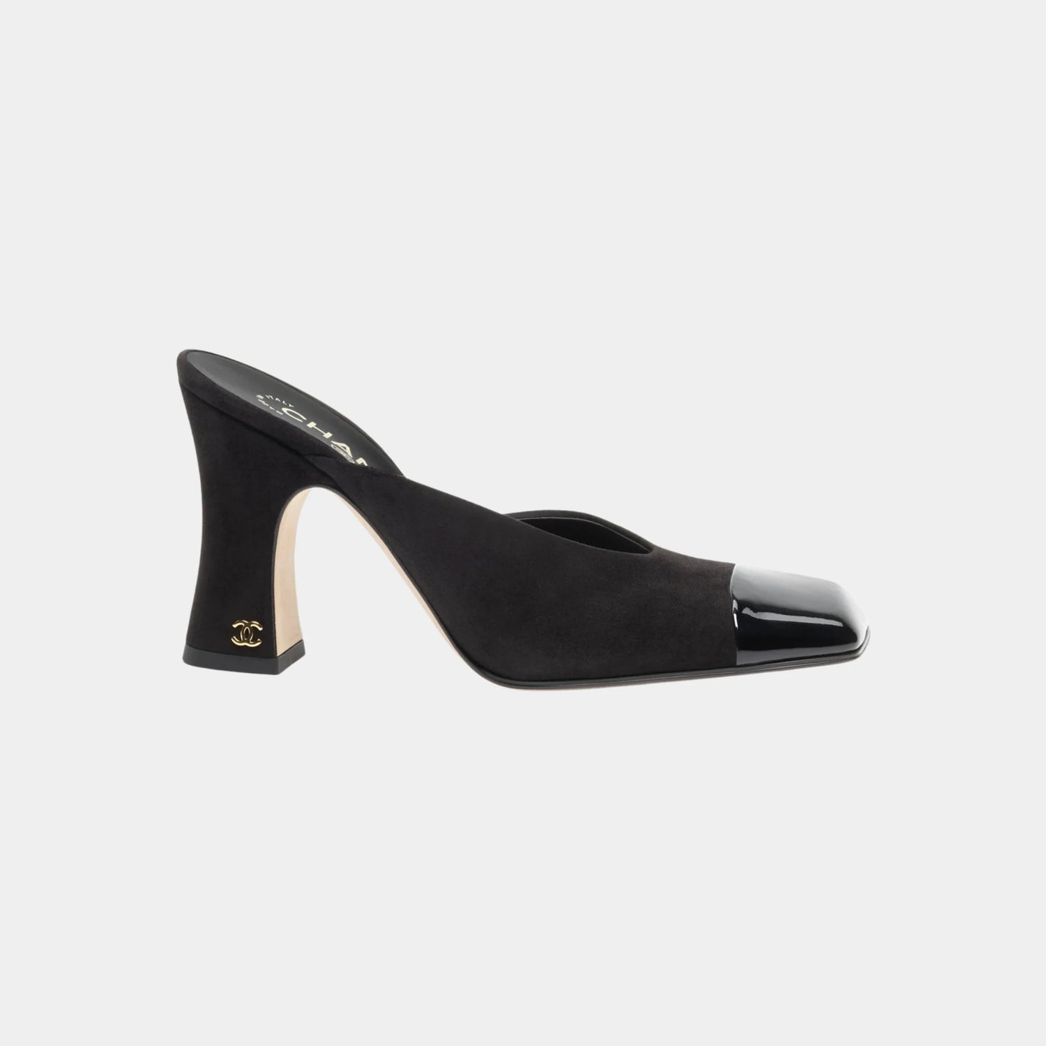 Chanel Mules in Suede Kidskin &amp; Patent Calfskin, Black, Side