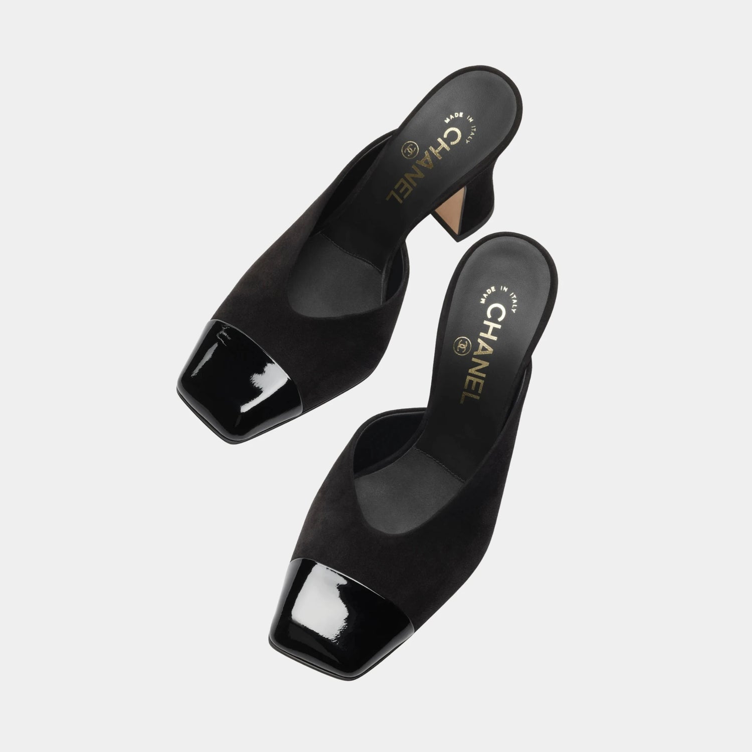 Chanel Mules in Suede Kidskin &amp; Patent Calfskin, Black, Top