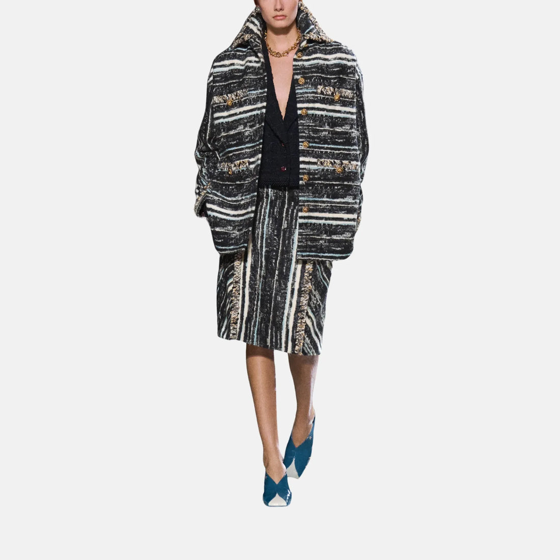 Chanel Overshirt Wool Mixed Fibers in Black Blue and White